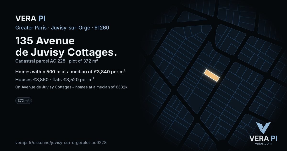 135 Avenue de Juvisy Cottages, Juvisy-sur-Orge at night – the plot lit, the parcels around coloured by the prices near them