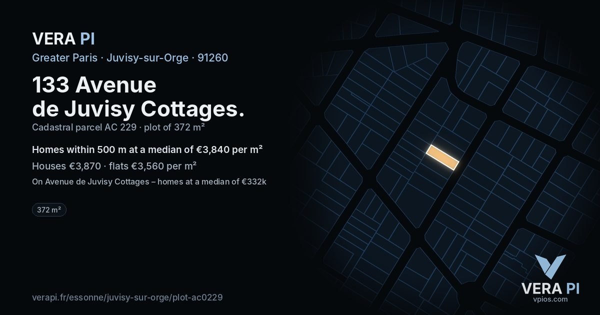 133 Avenue de Juvisy Cottages, Juvisy-sur-Orge at night – the plot lit, the parcels around coloured by the prices near them