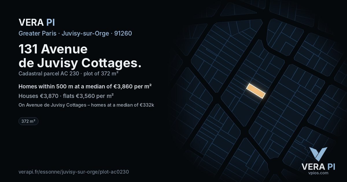 131 Avenue de Juvisy Cottages, Juvisy-sur-Orge at night – the plot lit, the parcels around coloured by the prices near them