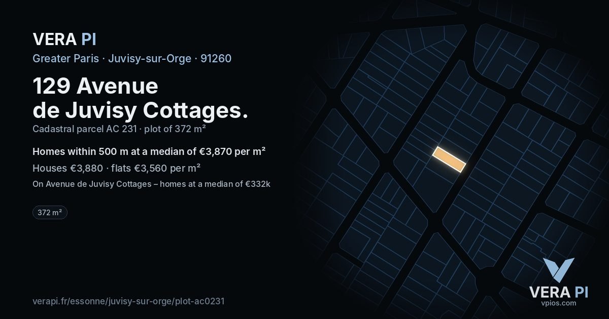 129 Avenue de Juvisy Cottages, Juvisy-sur-Orge at night – the plot lit, the parcels around coloured by the prices near them