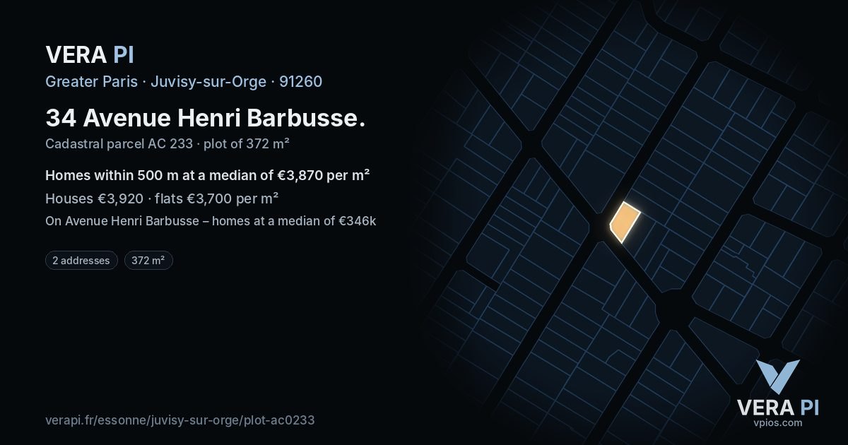 34 Avenue Henri Barbusse, Juvisy-sur-Orge at night – the plot lit, the parcels around coloured by the prices near them