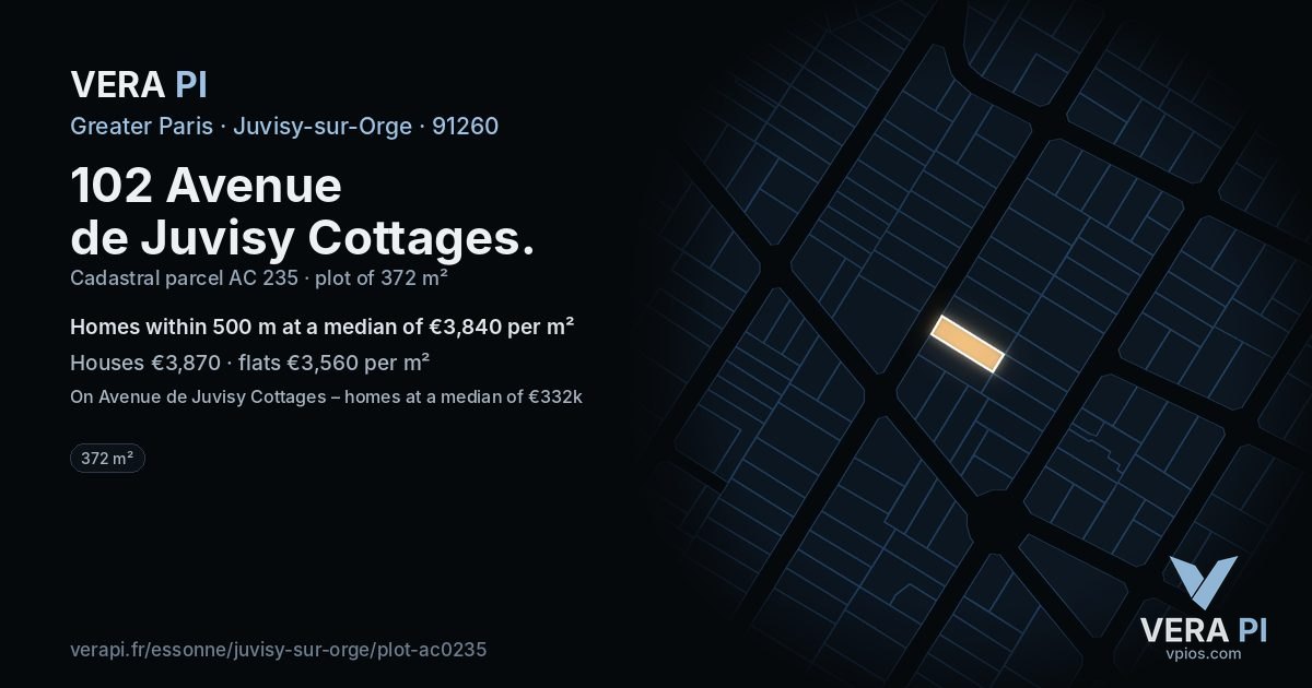 102 Avenue de Juvisy Cottages, Juvisy-sur-Orge at night – the plot lit, the parcels around coloured by the prices near them