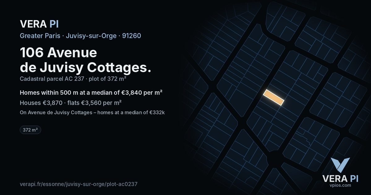 106 Avenue de Juvisy Cottages, Juvisy-sur-Orge at night – the plot lit, the parcels around coloured by the prices near them
