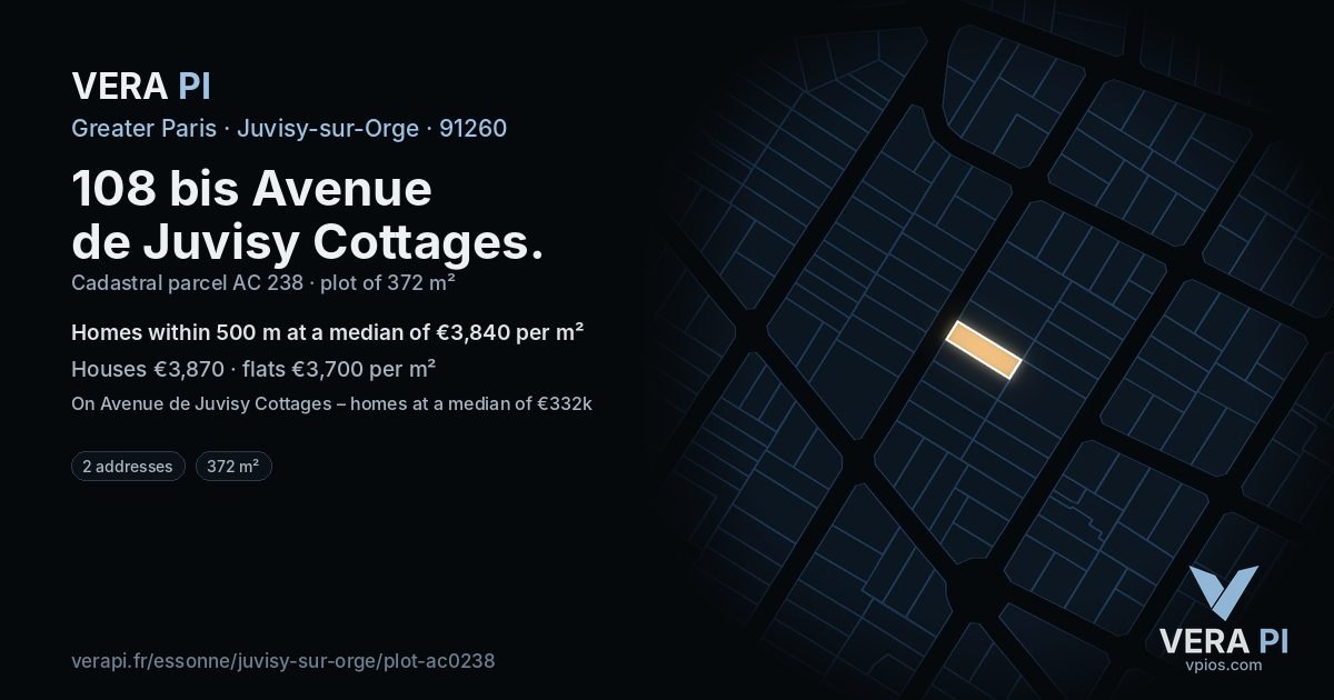 108 bis Avenue de Juvisy Cottages, Juvisy-sur-Orge at night – the plot lit, the parcels around coloured by the prices near them