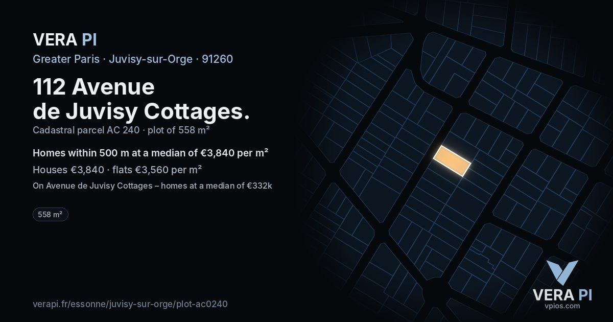 112 Avenue de Juvisy Cottages, Juvisy-sur-Orge at night – the plot lit, the parcels around coloured by the prices near them