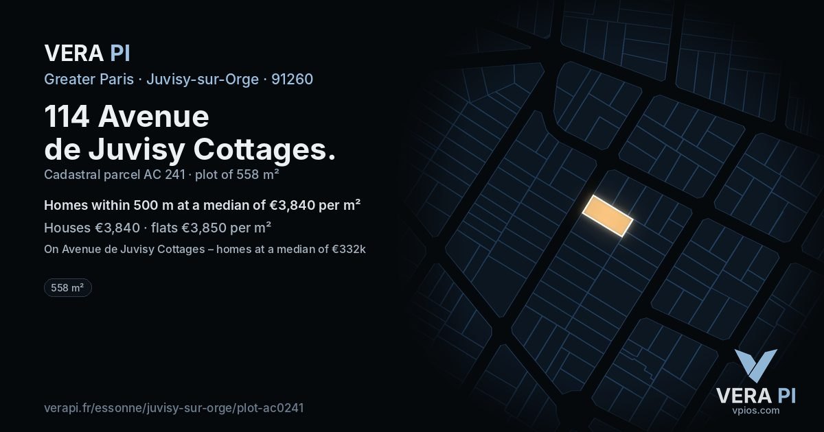 114 Avenue de Juvisy Cottages, Juvisy-sur-Orge at night – the plot lit, the parcels around coloured by the prices near them