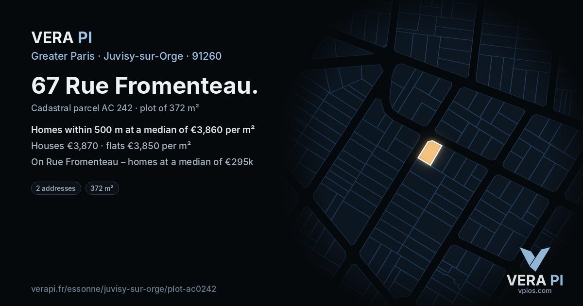 67 Rue Fromenteau, Juvisy-sur-Orge at night – the plot lit, the parcels around coloured by the prices near them