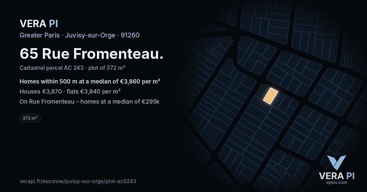 65 Rue Fromenteau, Juvisy-sur-Orge at night – the plot lit, the parcels around coloured by the prices near them