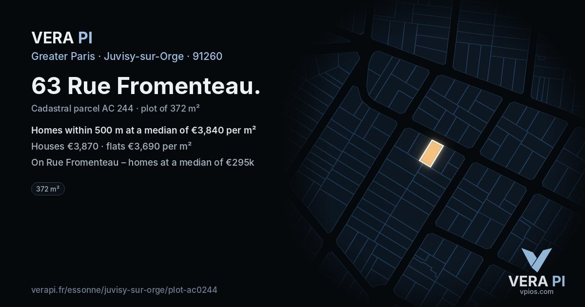 63 Rue Fromenteau, Juvisy-sur-Orge at night – the plot lit, the parcels around coloured by the prices near them