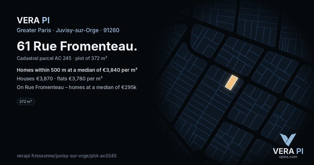 61 Rue Fromenteau, Juvisy-sur-Orge at night – the plot lit, the parcels around coloured by the prices near them