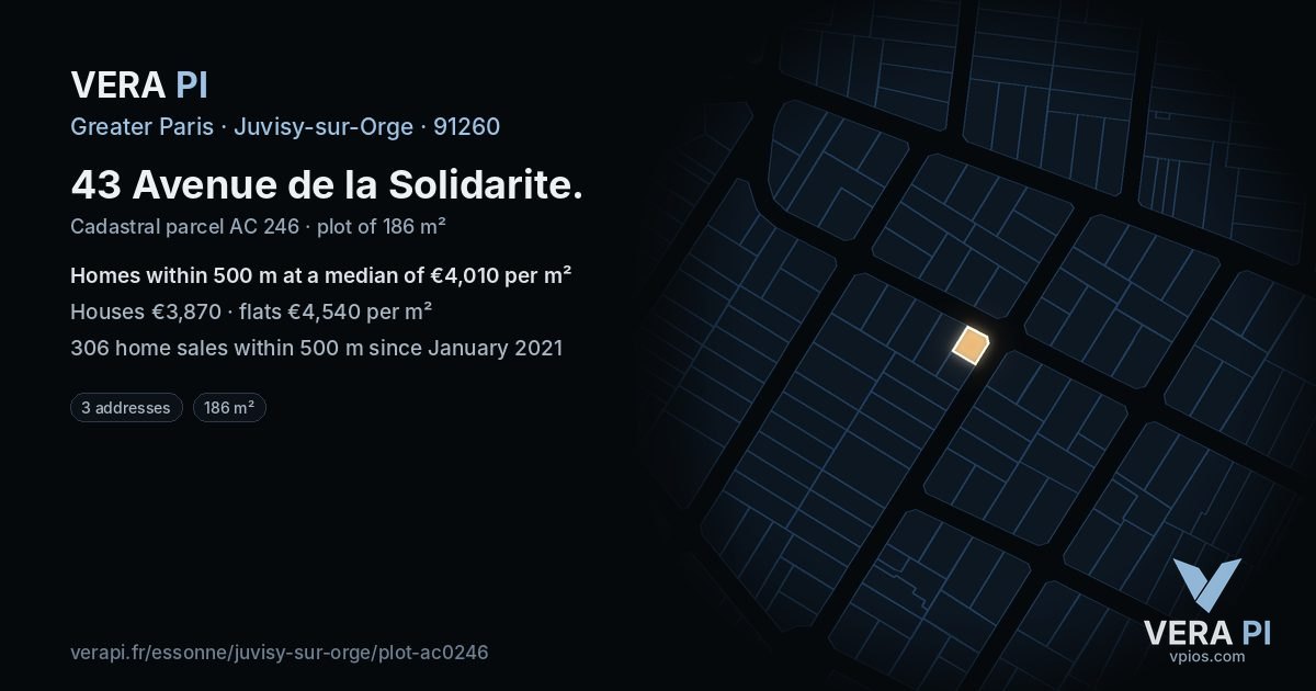 43 Avenue de la Solidarite, Juvisy-sur-Orge at night – the plot lit, the parcels around coloured by the prices near them