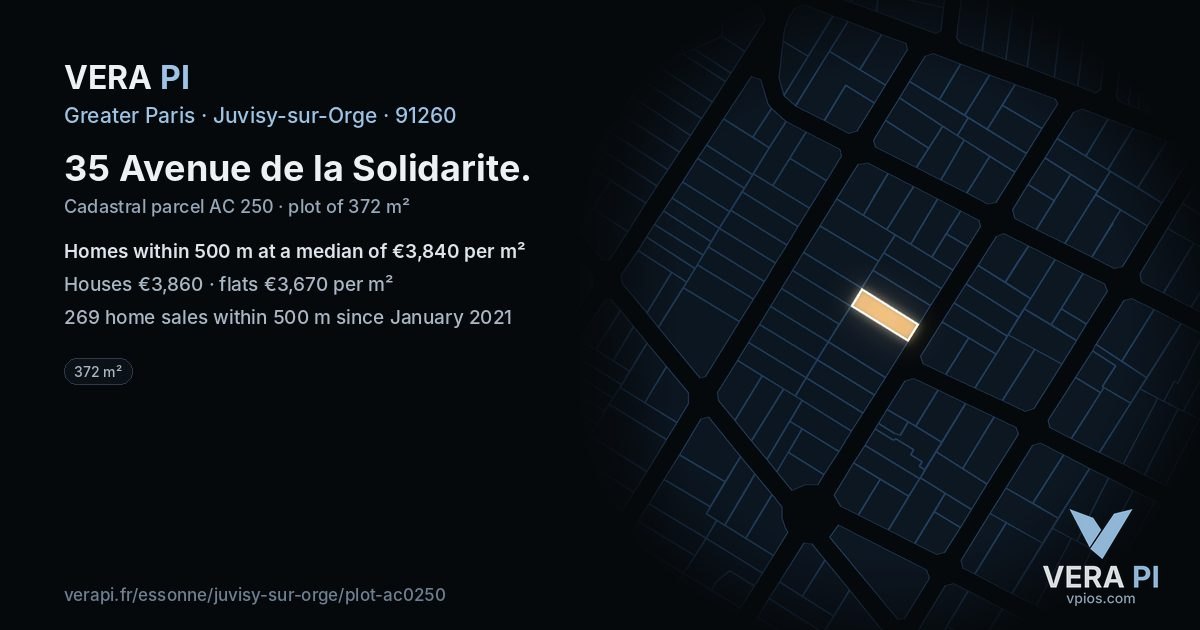 35 Avenue de la Solidarite, Juvisy-sur-Orge at night – the plot lit, the parcels around coloured by the prices near them
