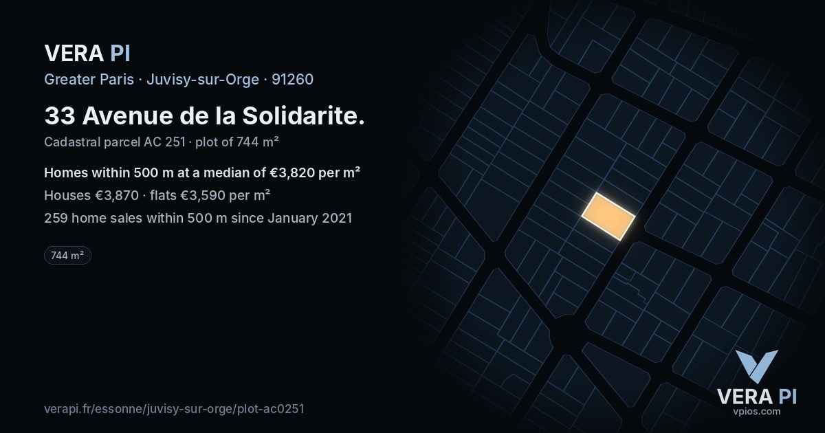 33 Avenue de la Solidarite, Juvisy-sur-Orge at night – the plot lit, the parcels around coloured by the prices near them