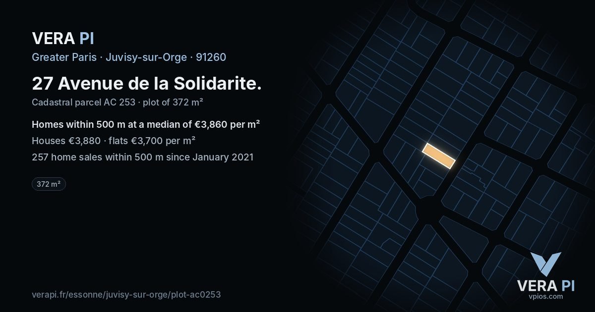 27 Avenue de la Solidarite, Juvisy-sur-Orge at night – the plot lit, the parcels around coloured by the prices near them