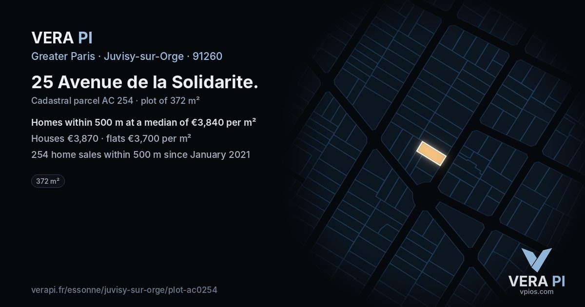 25 Avenue de la Solidarite, Juvisy-sur-Orge at night – the plot lit, the parcels around coloured by the prices near them