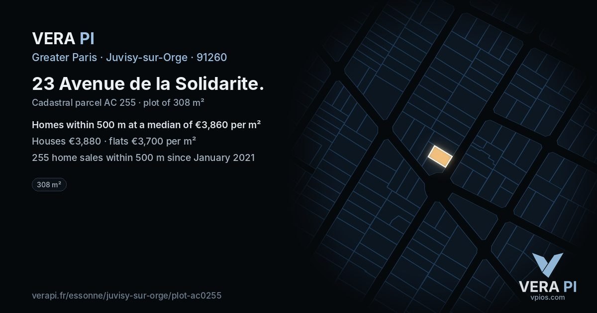 23 Avenue de la Solidarite, Juvisy-sur-Orge at night – the plot lit, the parcels around coloured by the prices near them