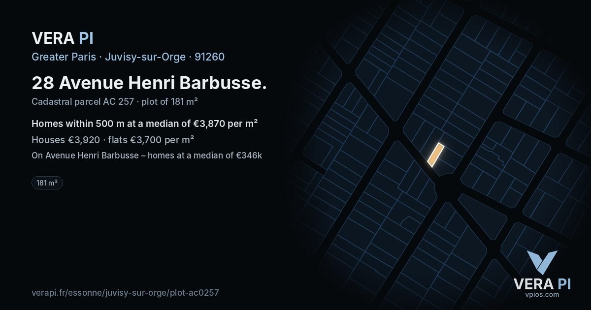 28 Avenue Henri Barbusse, Juvisy-sur-Orge at night – the plot lit, the parcels around coloured by the prices near them