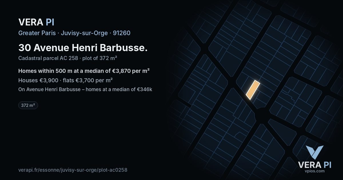 30 Avenue Henri Barbusse, Juvisy-sur-Orge at night – the plot lit, the parcels around coloured by the prices near them
