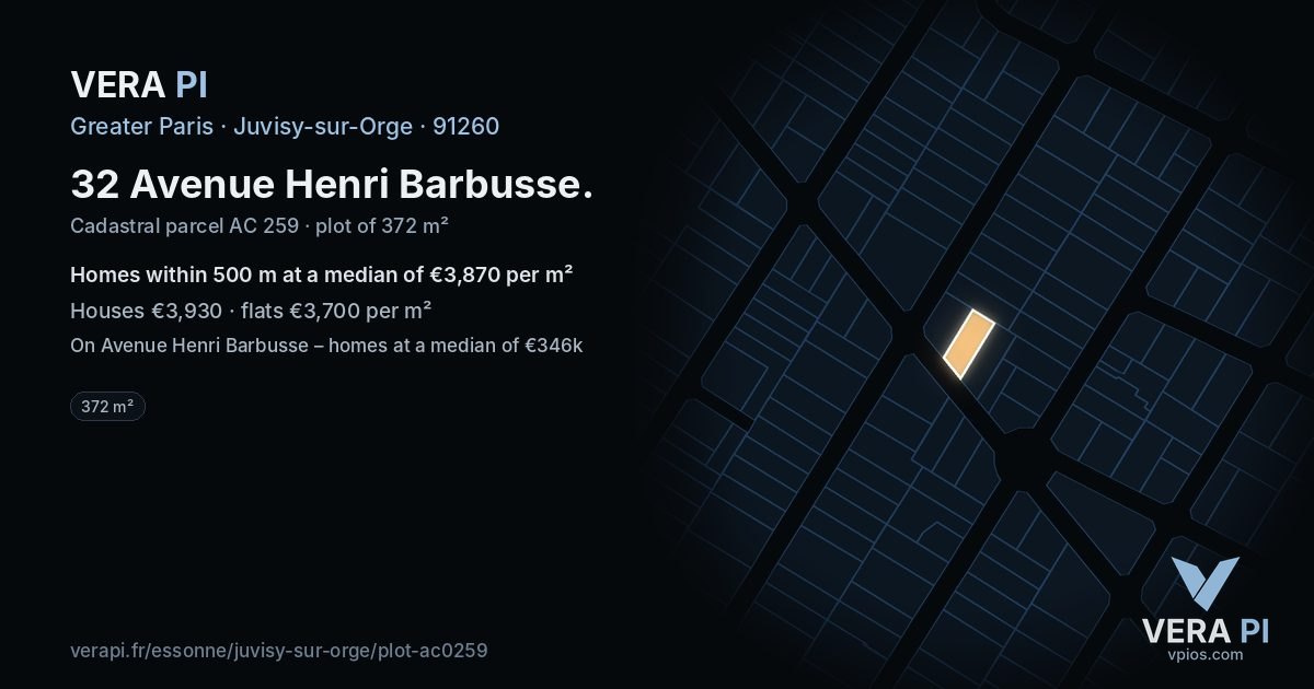 32 Avenue Henri Barbusse, Juvisy-sur-Orge at night – the plot lit, the parcels around coloured by the prices near them
