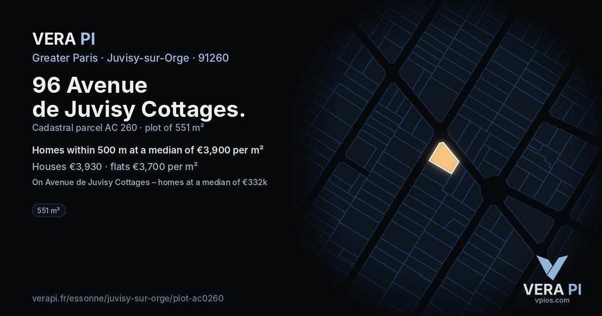 96 Avenue de Juvisy Cottages, Juvisy-sur-Orge at night – the plot lit, the parcels around coloured by the prices near them