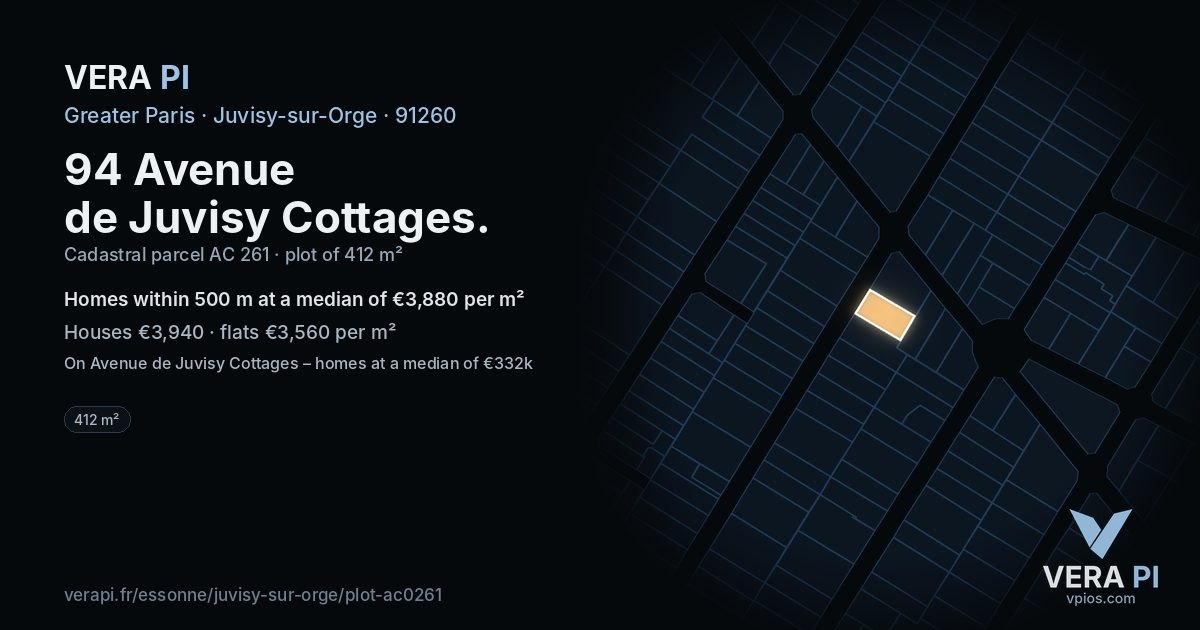 94 Avenue de Juvisy Cottages, Juvisy-sur-Orge at night – the plot lit, the parcels around coloured by the prices near them