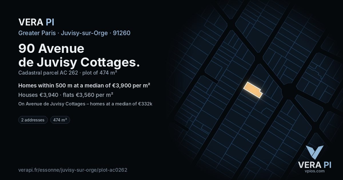 90 Avenue de Juvisy Cottages, Juvisy-sur-Orge at night – the plot lit, the parcels around coloured by the prices near them