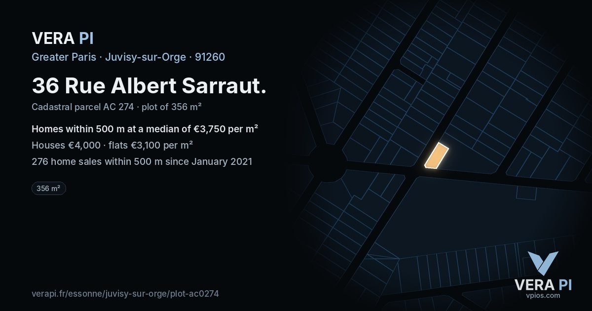 36 Rue Albert Sarraut, Juvisy-sur-Orge at night – the plot lit, the parcels around coloured by the prices near them