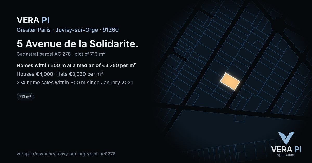 5 Avenue de la Solidarite, Juvisy-sur-Orge at night – the plot lit, the parcels around coloured by the prices near them