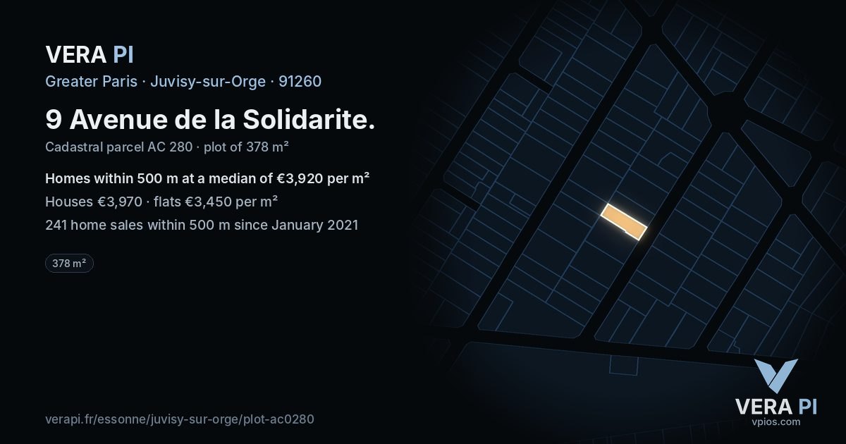 9 Avenue de la Solidarite, Juvisy-sur-Orge at night – the plot lit, the parcels around coloured by the prices near them