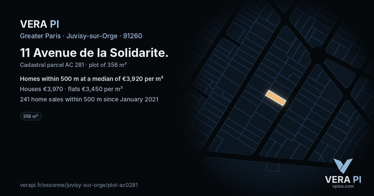 11 Avenue de la Solidarite, Juvisy-sur-Orge at night – the plot lit, the parcels around coloured by the prices near them