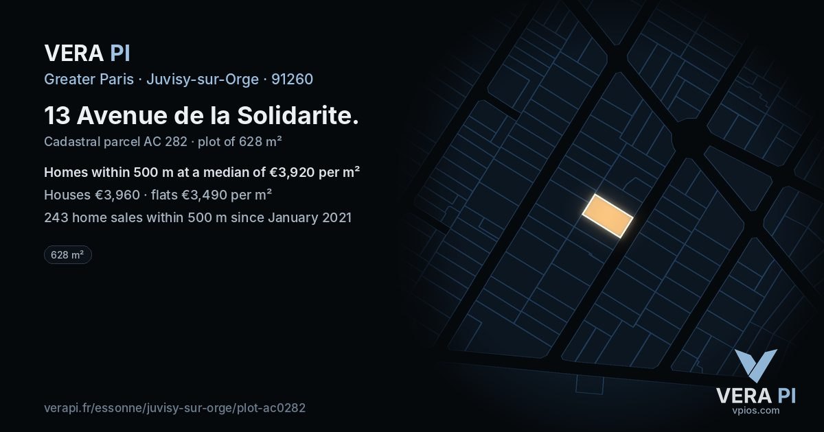 13 Avenue de la Solidarite, Juvisy-sur-Orge at night – the plot lit, the parcels around coloured by the prices near them