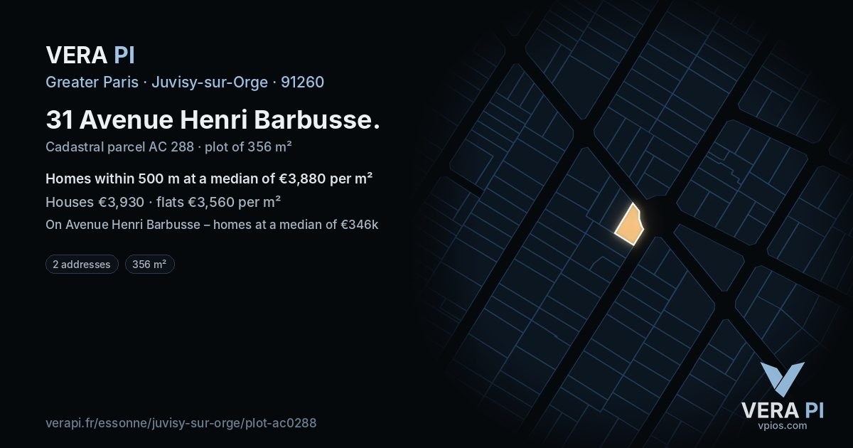31 Avenue Henri Barbusse, Juvisy-sur-Orge at night – the plot lit, the parcels around coloured by the prices near them