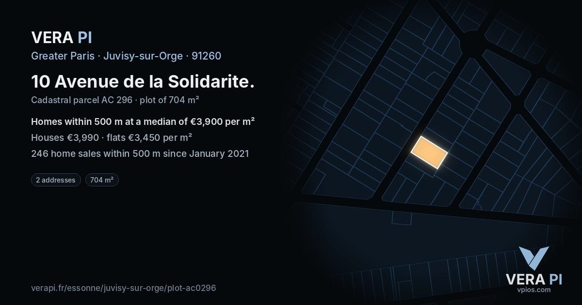 10 Avenue de la Solidarite, Juvisy-sur-Orge at night – the plot lit, the parcels around coloured by the prices near them