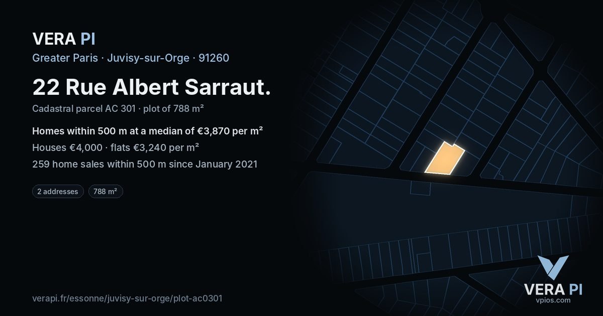 22 Rue Albert Sarraut, Juvisy-sur-Orge at night – the plot lit, the parcels around coloured by the prices near them