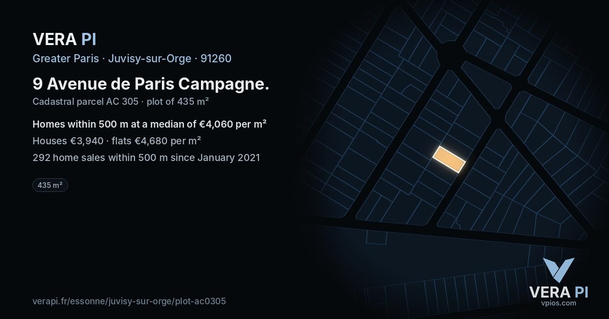 9 Avenue de Paris Campagne, Juvisy-sur-Orge at night – the plot lit, the parcels around coloured by the prices near them