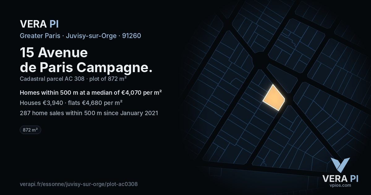 15 Avenue de Paris Campagne, Juvisy-sur-Orge at night – the plot lit, the parcels around coloured by the prices near them