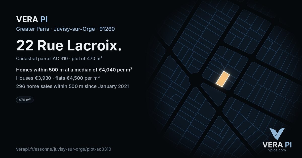 22 Rue Lacroix, Juvisy-sur-Orge at night – the plot lit, the parcels around coloured by the prices near them