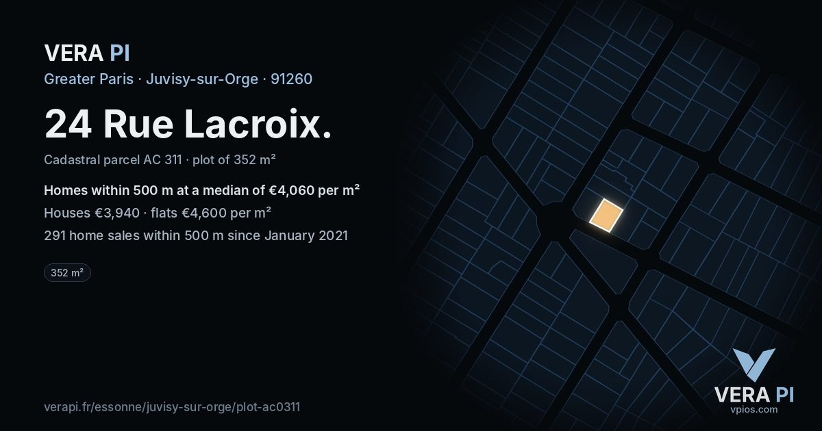 24 Rue Lacroix, Juvisy-sur-Orge at night – the plot lit, the parcels around coloured by the prices near them