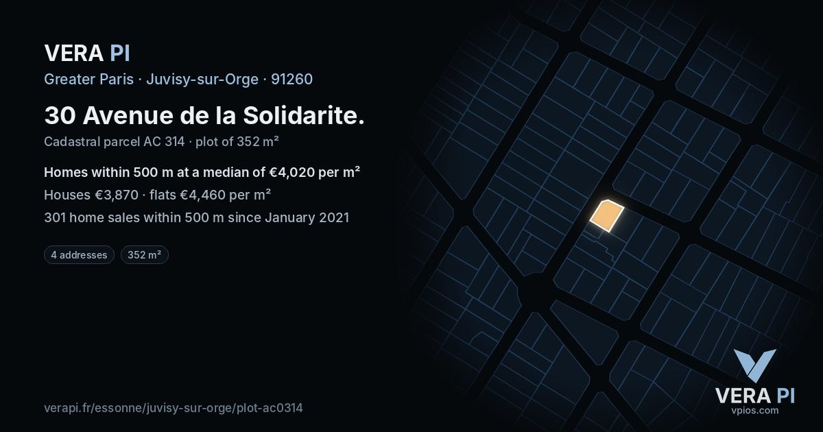 30 Avenue de la Solidarite, Juvisy-sur-Orge at night – the plot lit, the parcels around coloured by the prices near them