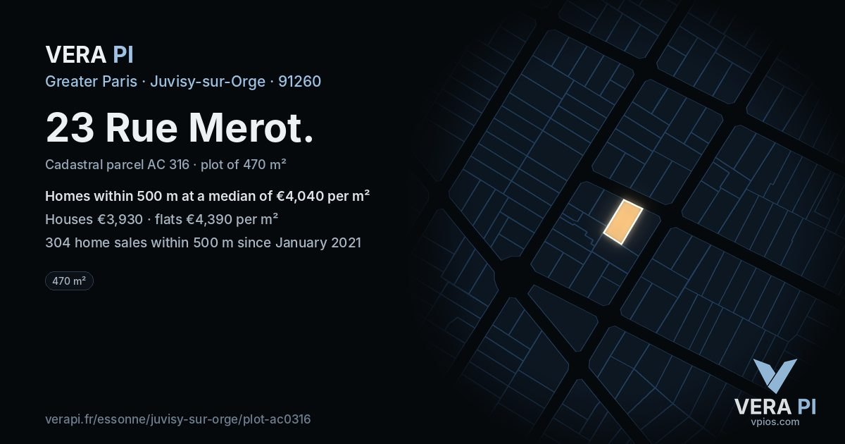 23 Rue Merot, Juvisy-sur-Orge at night – the plot lit, the parcels around coloured by the prices near them