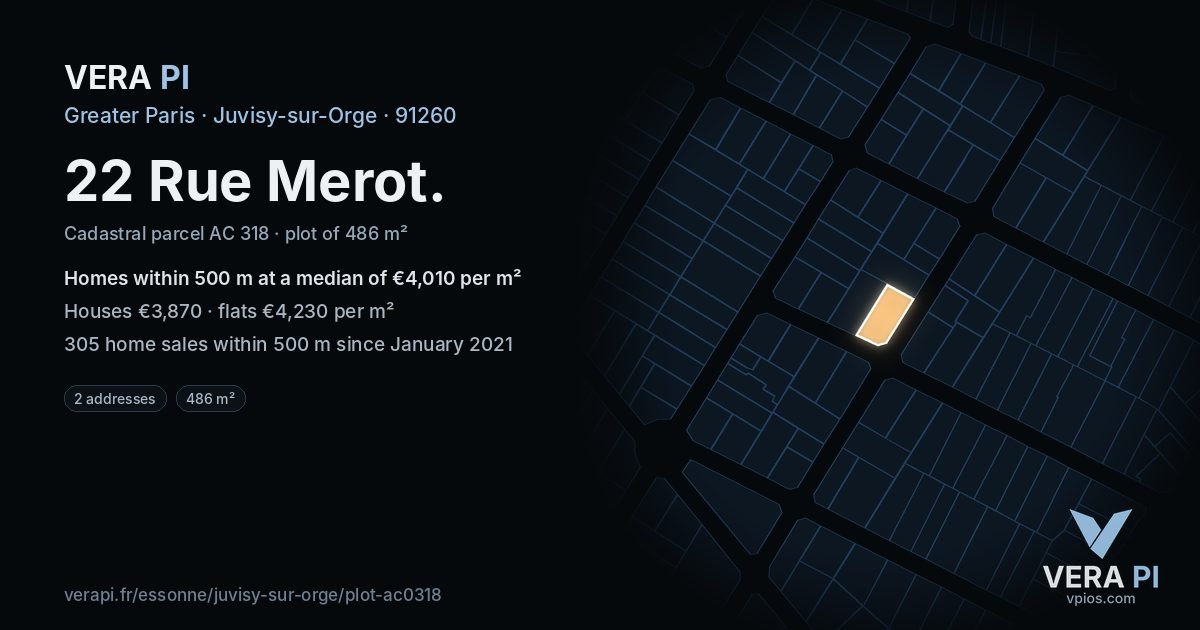 22 Rue Merot, Juvisy-sur-Orge at night – the plot lit, the parcels around coloured by the prices near them