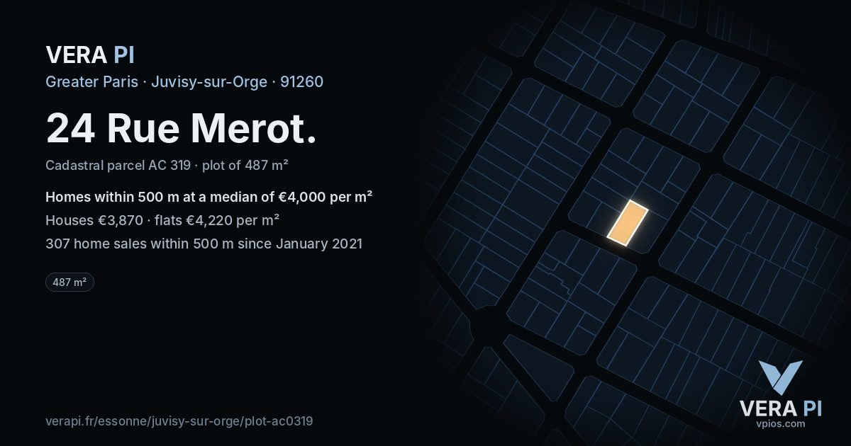 24 Rue Merot, Juvisy-sur-Orge at night – the plot lit, the parcels around coloured by the prices near them