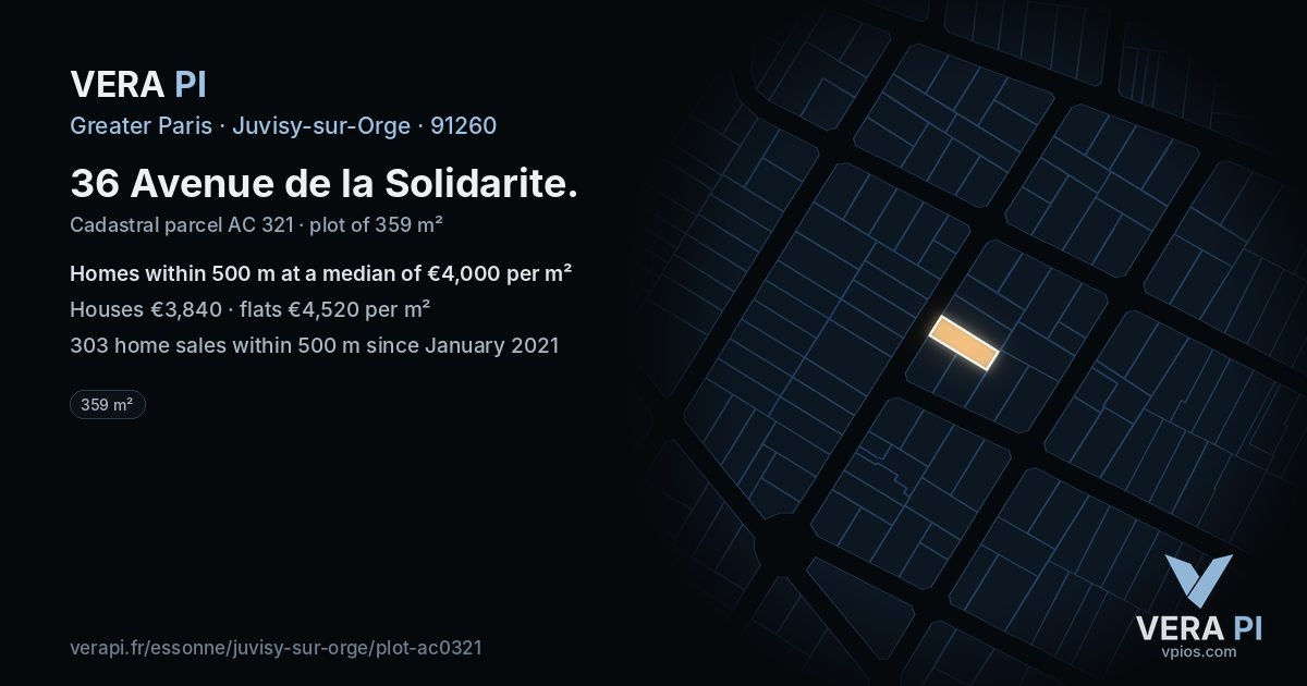 36 Avenue de la Solidarite, Juvisy-sur-Orge at night – the plot lit, the parcels around coloured by the prices near them