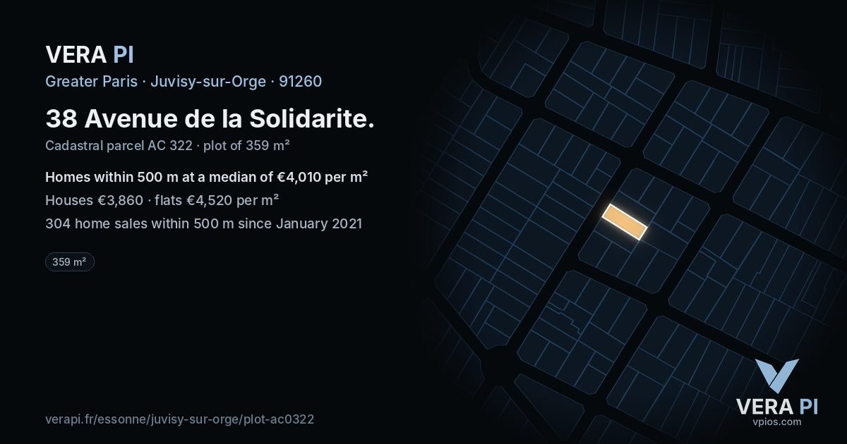 38 Avenue de la Solidarite, Juvisy-sur-Orge at night – the plot lit, the parcels around coloured by the prices near them