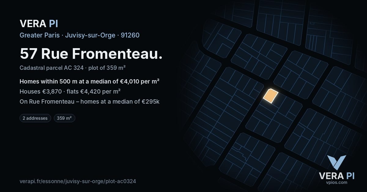 57 Rue Fromenteau, Juvisy-sur-Orge at night – the plot lit, the parcels around coloured by the prices near them