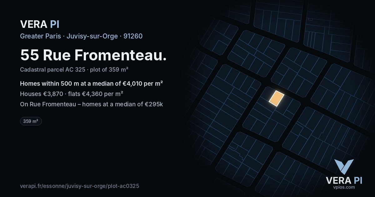 55 Rue Fromenteau, Juvisy-sur-Orge at night – the plot lit, the parcels around coloured by the prices near them