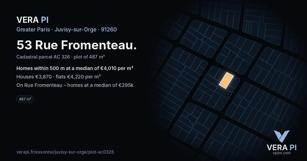 53 Rue Fromenteau, Juvisy-sur-Orge at night – the plot lit, the parcels around coloured by the prices near them