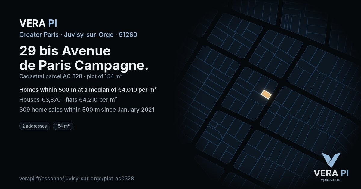 29 bis Avenue de Paris Campagne, Juvisy-sur-Orge at night – the plot lit, the parcels around coloured by the prices near them