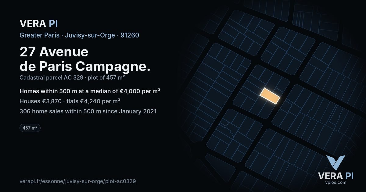 27 Avenue de Paris Campagne, Juvisy-sur-Orge at night – the plot lit, the parcels around coloured by the prices near them