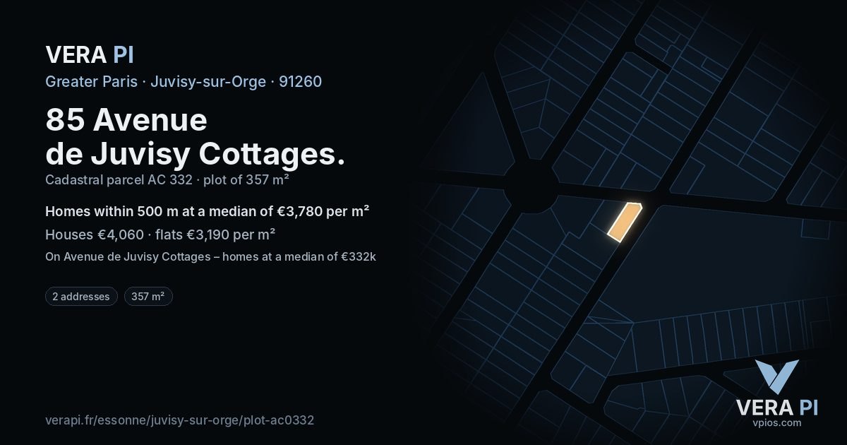 85 Avenue de Juvisy Cottages, Juvisy-sur-Orge at night – the plot lit, the parcels around coloured by the prices near them